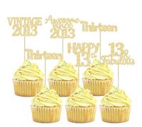 Gyufise 30Pcs Vintage 2013 Cupcake Toppers Glitter Thirteen 13 Fabulous Happy 13th Birthday Cupcake Picks Cheers to 13 Years for 13th Birthday Wedding Anniversary Party Cake Decorations Supplies Gold