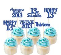 Gyufise 30Pcs Vintage 2013 Cupcake Toppers Glitter Thirteen 13 Fabulous Happy 13th Birthday Cupcake Picks Cheers to 13 Years for 13th Birthday Wedding Anniversary Party Cake Decorations Supplies Blue