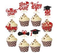 Gyufise 32Pcs 2025 Graduation Cupcake Toppers Glitter Class of 2025 Graduation Cap Diploma Cupcake Picks Congrats Grad Cake Decorations for 2025 Graduation Theme Party Supplies Red