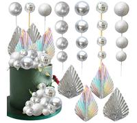 Gyufise 32Pcs Disco Balls Cake Toppers Palm Leaves Cake Decorations DIY Foam Balls Paper Palm Leaf Cake Insert Toppers Decorations for Birthday Wedding Party Decorations Silver