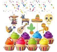 Gyufise 32Pcs Fiesta Cupcake Topper Mexican Theme Cake Decorations for Mexican Themed Cactus Donkey Taco Pepper Sombrero Mustache Babyshower Party Decorations