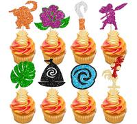 Gyufise 32Pcs Moa Inspired Birthday Cupcake Toppers Flower Palm Leaf Cupcake Picks for Tropical Hawaiian Luau Summer Baby Shower Wedding Party Cake Decorations Supplies Rose Red