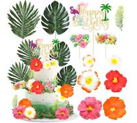 Gyufise 33 Pack Hawaiian Flower Cake Toppers Summer Happy Birthday Cake Decoration Palm Leaves Hibiscus Flower for Hawaii Aloha Flamingo Themed Party Supplies Green