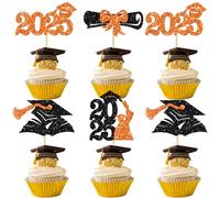 Gyufise 36Pcs 2025 Graduation Theme Cupcake Toppers Glitter Class of 2025 Congrats Grad Diploma Graduation Cap Cupcake Picks for 2025 Graduation Theme Party Cake Decorations Supplies Orange
