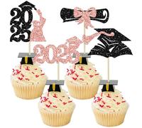 Gyufise 36Pcs 2025 Graduation Theme Cupcake Toppers Glitter Class of 2025 Cupcake Picks Diploma Graduation Cap Cake Decorations for 2025 Graduation Theme Party Decorations Supplies Rose Gold