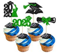 Gyufise 36Pcs 2025 Graduation Theme Cupcake Toppers Glitter Class of 2025 Graduation Cap Cupcake Picks Diploma 2025 Congrats Grad Cake Decorations for Graduation Theme Party Decor Supplies Green