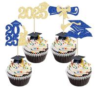 Gyufise 36Pcs 2025 Graduation Theme Cupcake Toppers Glitter Congrats Grad 2025 Diploma Graduation Cap Cupcake Picks for Class of 2025 Graduation Theme Party Cake Decorations Supplies Blue Gold