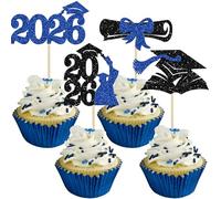 Gyufise 36Pcs 2026 Graduation Cupcake Toppers Glitter Class of 2026 Graduation Cap Cupcake Picks Diploma 2026 Congrats Grad Cake Decorations for Graduation Theme Party Decor Supplies Dark Blue