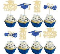 Gyufise 36Pcs 2026 Graduation Theme Cupcake Toppers Diploma Class of 2026 Graduation Cap Cupcake Picks for Class of 2026 Graduate Theme Party Cake Decorations Supplies Gold Blue