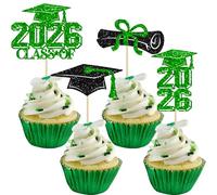 Gyufise 36Pcs 2026 Graduation Theme Cupcake Toppers Glitter Class of 2026 Cupcake Picks Diploma Grad Cap Cake Decorations for 2026 Graduation Theme Party Supplies Green