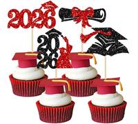Gyufise 36Pcs 2026 Graduation Theme Cupcake Toppers Glitter Class of 2026 Cupcake Picks Diploma Graduation Cap Cake Decorations for 2026 Graduation Theme Party Decorations Supplies Red