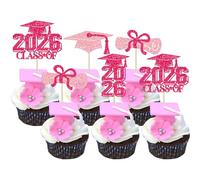 Gyufise 36Pcs 2026 Graduation Theme Cupcake Toppers Glitter Class of 2026 Grad Cap Diploma Cupcake Picks 2026 Graduation Theme Party Cake Decorations Supplies Pink Rose Red