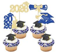 Gyufise 36Pcs 2026 Graduation Theme Cupcake Toppers Glitter Congrats Grad 2026 Diploma Graduation Cap Cupcake Picks for Class of 2026 Graduation Theme Party Cake Decorations Supplies Blue Gold