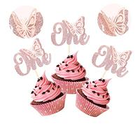 Gyufise 36Pcs Butterfly One Cupcake Toppers Rose Gold Glitter First Birthday 3D Butterfly Cupcake Picks Butterfly Theme Baby Shower Kids Boys Girls 1st Birthday Party Cake Decorations Supplies