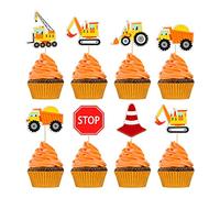 Gyufise 36Pcs Construction Cupcake Toppers Stop Sign Dump Truck Excavator Tractor Party Cake Food Picks Decorations for Construction Theme Baby Shower Kids Birthday Party Supplies