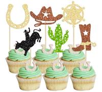 Gyufise 36Pcs Cowboy Cupcake Toppers Glitter Western Cupcake Decorations HorseShoe Cowboy Hats Boots Cupcake Picks for Western Baby Shower Boys Girls Birthday Party Cake Decorations Gold