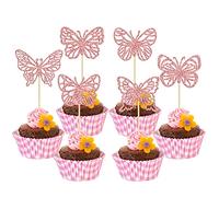 Gyufise 36Pcs Glitter Rose Gold Butterfly Cupcake Toppers Hollow Art 3D Butterfly Cupcake Pick Decorations for Butterfly Theme Baby Shower Wedding Anniversary Kids Birthday Party Supplies
