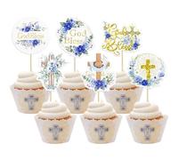 Gyufise 36Pcs God Bless Cupcake Toppers Cross Wreath Cupcake Picks for Christian Baptism Baby Shower Boys Girls First Communion Party Cake Decorations Supplies Blue