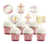Gyufise 36Pcs God Bless Cupcake Toppers Cross Wreath Cupcake Picks for Christian Baptism Baby Shower Boys Girls First Communion Party Cake Decorations Supplies Pink