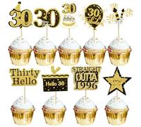 Gyufise 36Pcs Happy 30th Birthday Cupcake Toppers Glitter Black Gold Thirty Hello 30 Straight Outta 1996 Cupcake Picks Cheers to 30 Years 30 Fabulous Cake Decorations for 30th Birthday Party Supplies