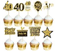 Gyufise 36Pcs Happy 40th Birthday Cupcake Toppers Glitter Black Gold Forty Straight Outta 1986 Cupcake Picks 40 Fabulous Cheers to 40 Years Cake Decorations for 40th Birthday Party Supplies