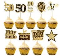 Gyufise 36Pcs Happy 50th Birthday Cupcake Toppers Glitter Black Gold Fifty Straight Outta 1975 Cupcake Picks 50 Fabulous Cheers to 50 Years Cake Decorations for 50th Birthday Party Supplies