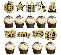 Gyufise 36Pcs Happy 60th Birthday Cupcake Toppers Glitter Black Gold Sixty Hello 60 Vintage 1965 Cupcake Picks Cheers to 60 Years 60 Fabulous Cake Decorations for 60th Birthday Party Supplies