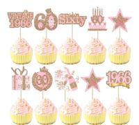 Gyufise 36Pcs Happy 60th Birthday Cupcake Toppers Glitter Rose Gold Sixty Hello 60 Vintage 1966 Cupcake Picks Cheers to 60 Years 60 Fabulous Cake Decorations for 60th Birthday Party Supplies