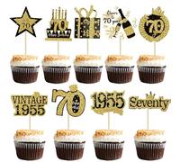 Gyufise 36Pcs Happy 70th Birthday Cupcake Toppers Glitter Black Gold Seventy Hello 70 Vintage 1955 Cupcake Picks Cheers to 70 Years 70 Fabulous Cake Decorations for 70th Birthday Party Supplies