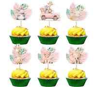 Gyufise 36Pcs Pink Safari Baby Shower Cupcake Topper Floral Jungle Animals Baby Cake Decorations Safari Theme Cupcakes Toppers for Girls Kids Baby Shower Party Supplies Pink