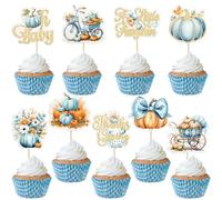 Gyufise 36Pcs Pumpkin Oh Baby Cupcake Toppers Little Pumpkin Baby Shower Cake Decorations Fall Floral Cake Topper Picks for Thanksgiving Halloween Gender Reveal Party Supplies Blue