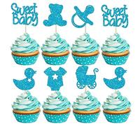 Gyufise 36Pcs Sweet Baby Cupcake Toppers Glitter Bear Pacifier Baby Carriage Cupcake Picks Baby Shower Cake Decorations for Gender Reveal Baby Shower Kids Birthday Party Supplies Blue