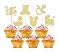 Gyufise 36Pcs Sweet Cupcake Toppers - Glitter Bear Pacifier Baby Carriage & Gender Reveal Cake Decorations for Kids Birthday Party Supplies - Gold