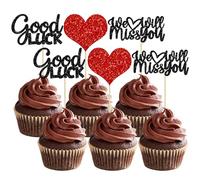 Gyufise 36Pcs We Will Miss You Cupcake Toppers Glitter Red Love Heart Good Luck Cupcake Picks for Retirement Theme Going Away Party Cake Decorations