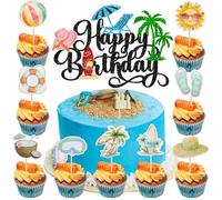 Gyufise 37Pcs Summer Beach Pool Cupcake Toppers Glitter Beach Happy Birthday Cake Topper Ball Sun Umbrella Water Gun Cupcake Picks for Tropical Hawaii Theme Birthday Party Decorations Supplies Black