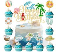 Gyufise 37Pcs Summer Beach Pool Cupcake Toppers Glitter Beach Happy Birthday Cake Topper Ball Sun Umbrella Water Gun Cupcake Picks for Tropical Hawaii Theme Birthday Party Decorations Supplies Gold