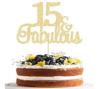 Gyufise 3Pcs 15 & Fabulous Cake Topper Gold Glitter Fifteen and Fabulous Cake Toppers Happy 15th Birthday Cake Pick for 15th Wedding Anniversary Birthday Party Cake Decorations Supplies