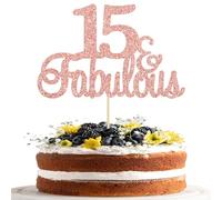 Gyufise 3Pcs 15 & Fabulous Cake Topper Rose Gold Glitter Fifteen and Fabulous Cake Toppers Happy 15th Birthday Cake Pick for 15th Wedding Anniversary Birthday Party Cake Decorations Supplies