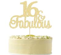 Gyufise 3Pcs 16 & Fabulous Cake Topper Gold Glitter Fifteen and Fabulous Cake Toppers Happy 16th Birthday Cake Pick for 16th Wedding Anniversary Birthday Party Cake Decorations Supplies