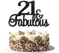 Gyufise 3Pcs 21 & Fabulous Cake Topper Black Glitter Twenty One and Fabulous Cake Toppers Happy 21st Birthday Cake Pick for 21st Wedding Anniversary Birthday Party Cake Decorations Supplies