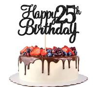 Gyufise 3Pcs Happy 25th Birthday Cake Topper Glitter 25th Birthday Cake Pick Cheers to 25 Years Old Twenty five Fabulous Cake Decorations for 25th Birthday Theme Party Supplies Black
