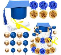Gyufise 40Pcs 2025 Graduation Cake Topper Decoration Diploma Done Diploma Grad Cap Cake Pick Balloon Flower Prom 2025 Cake Decorations for Class of 2025 Congrats Grad Party Supplies Blue Gold