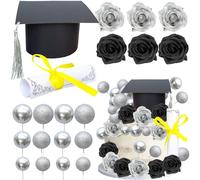 Gyufise 40Pcs 2025 Graduation Cake Topper Decoration Diploma Done Diploma Grad Cap Cake Pick Balloon Flower Prom 2025 Cake Decorations for Class of 2025 Congrats Grad Party Supplies Black Silver