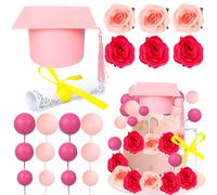 Gyufise 40Pcs 2025 Graduation Cake Topper Decoration Diploma Done Diploma Grad Cap Cake Pick Balloon Flower Prom 2025 Cake Decorations for Class of 2025 Congrats Grad Party Supplies Pink
