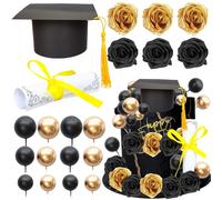 Gyufise 40Pcs 2026 Graduation Cake Topper Decoration Diploma Done Diploma Grad Cap Cake Pick Balloon Flower Prom 2026 Cake Decorations for Class of 2026 Congrats Grad Party Supplies Black Gold