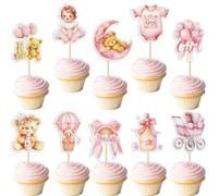 Gyufise 40Pcs Baby Boy Cupcake Toppers Baby Shower Decorations for Boys Balloon Star Moon Bear It's a Girl Cupcake Picks for Baby Shower Kids Girls Birthday Party Supplies Deep Pink