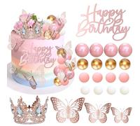 Gyufise 40Pcs Crown Cake Topper Balls Happy Birthday Cake Toppers Crown Birthday Candles Butterflies Corona Para Pastel Cake Decorations for Wedding Baby Shower Party Decorations Gold Rose Gold