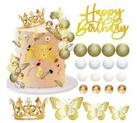 Gyufise 40Pcs Crown Cake Topper Balls Happy Birthday Cake Toppers Crown Birthday Candles Butterflies Corona para Pastel Cake Decorations for Wedding Baby Shower Party Decorations Gold