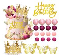Gyufise 40Pcs Crown Cake Topper Balls Happy Birthday Cake Toppers Crown Birthday Candles Butterflies Corona Para Pastel Cake Decorations for Wedding Baby Shower Party Decorations Rose Red