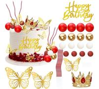 Gyufise 40Pcs Crown Cake Topper Balls Happy Birthday Cake Toppers Crown Birthday Candles Butterflies Corona para Pastel Cake Decorations for Wedding Valentins Day Party Decorations Red Gold